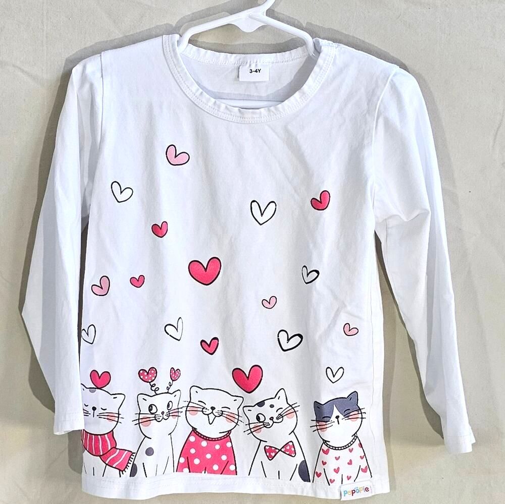 Pepopie Kids Long Sleeve White T-Shirt Cute Cats & Pink Hearts Print Size 3-4Y